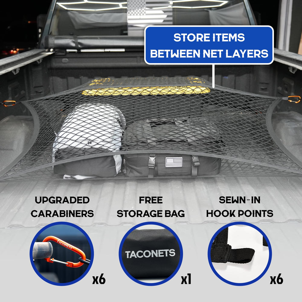 TacoNets heavy-duty carabiners for quick, reliable load restraint.