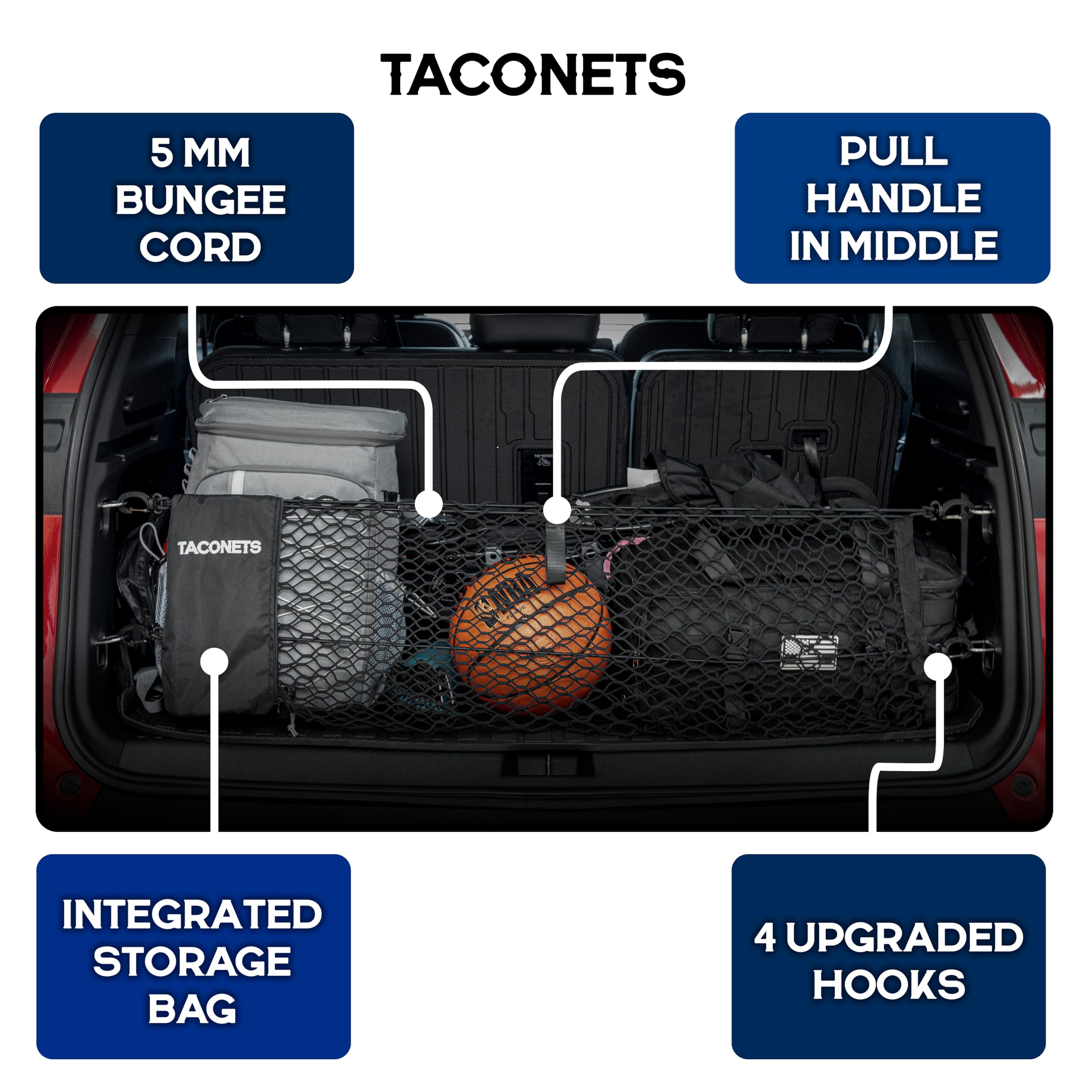 TacoNets heavy-duty hooks and 5mm bungee deliver long-lasting trunk protection.