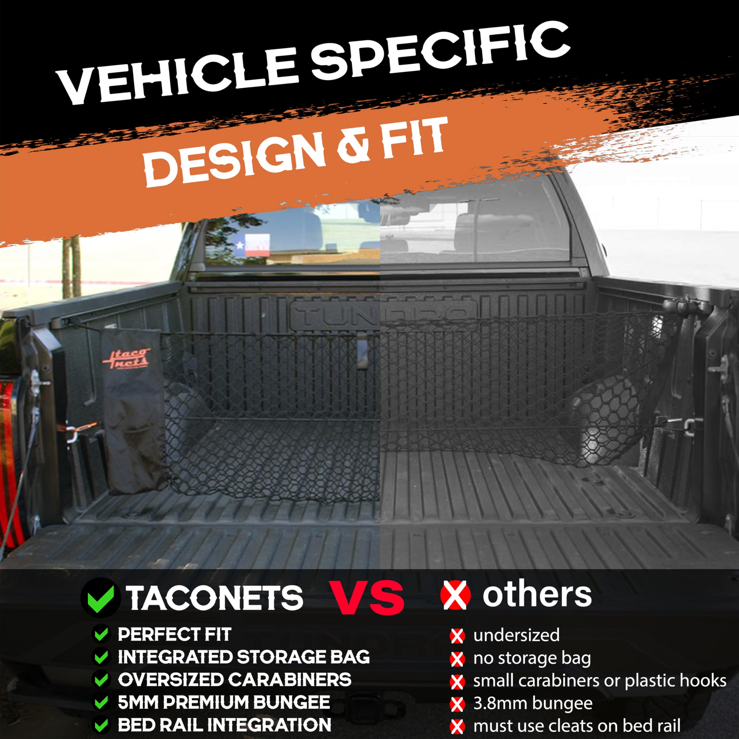 TacoNets integrated storage bag and carabiners for tidy trunks