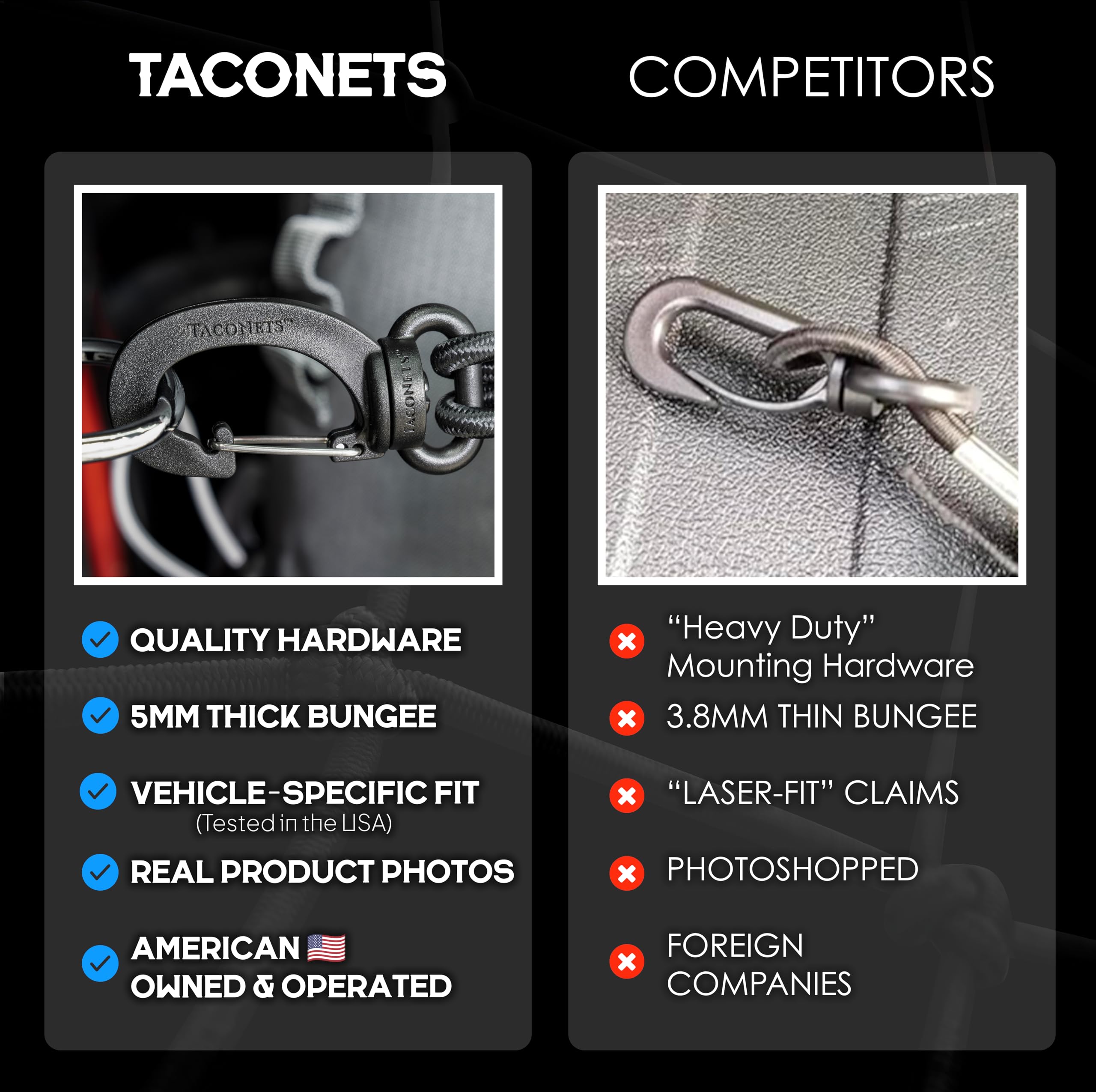 TacoNets no-modifications installation using factory anchors for quick setup.