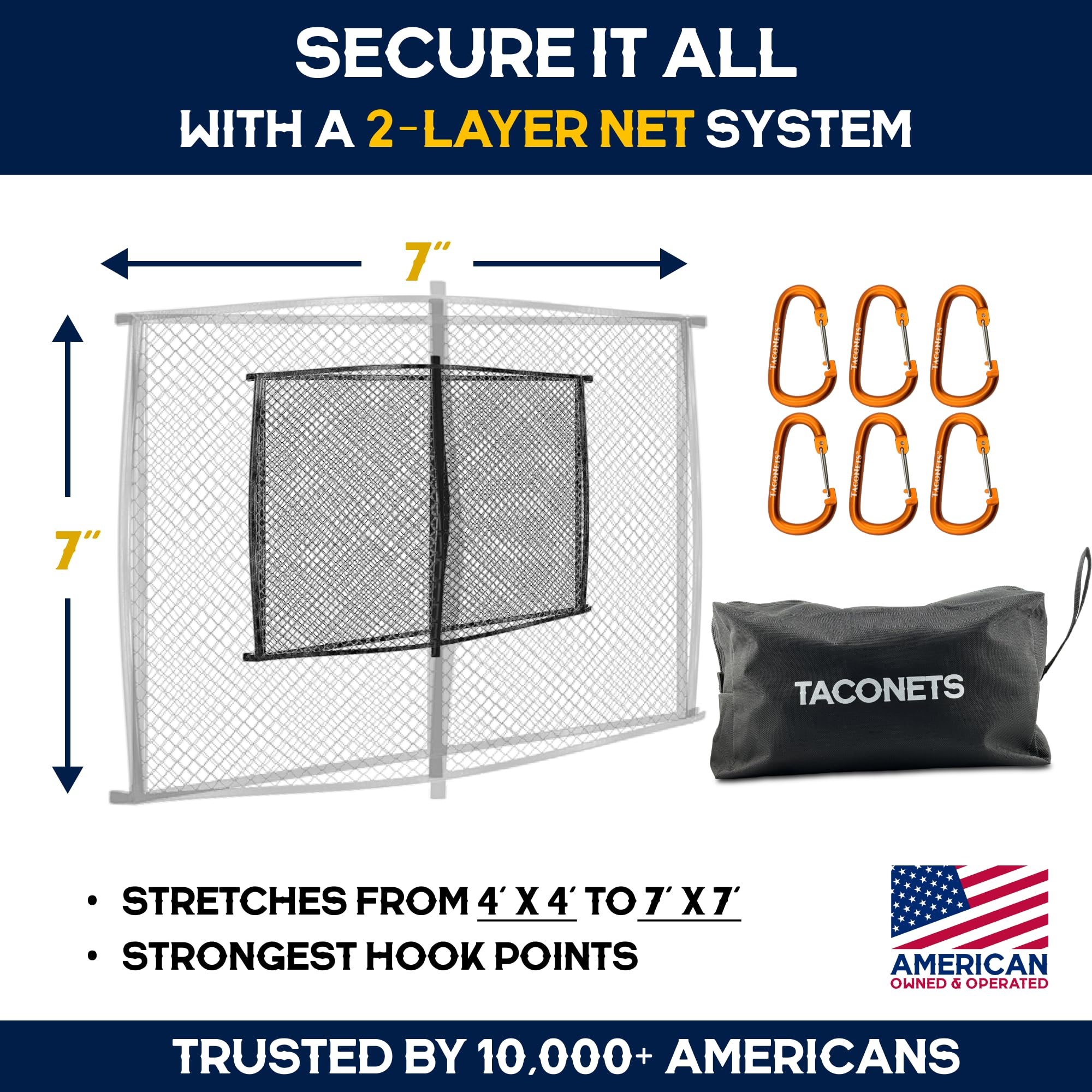 TacoNets premium netting with reinforced anchors for durability and longevity.