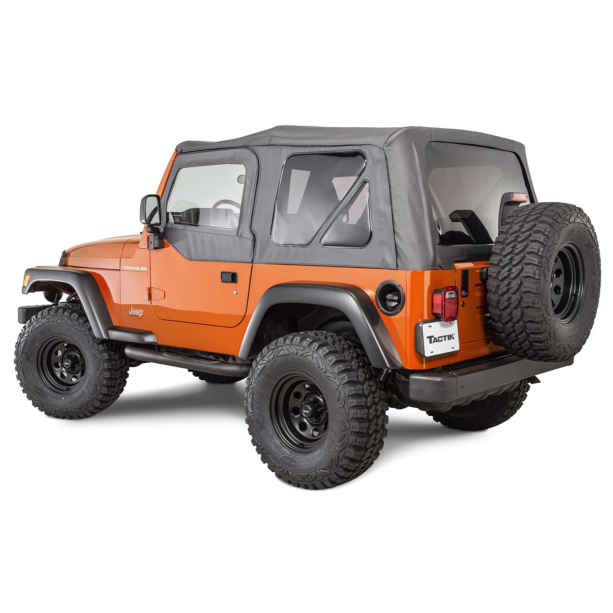 TACTIK fabric soft top on Jeep Wrangler TJ, front view for weather-ready protection.