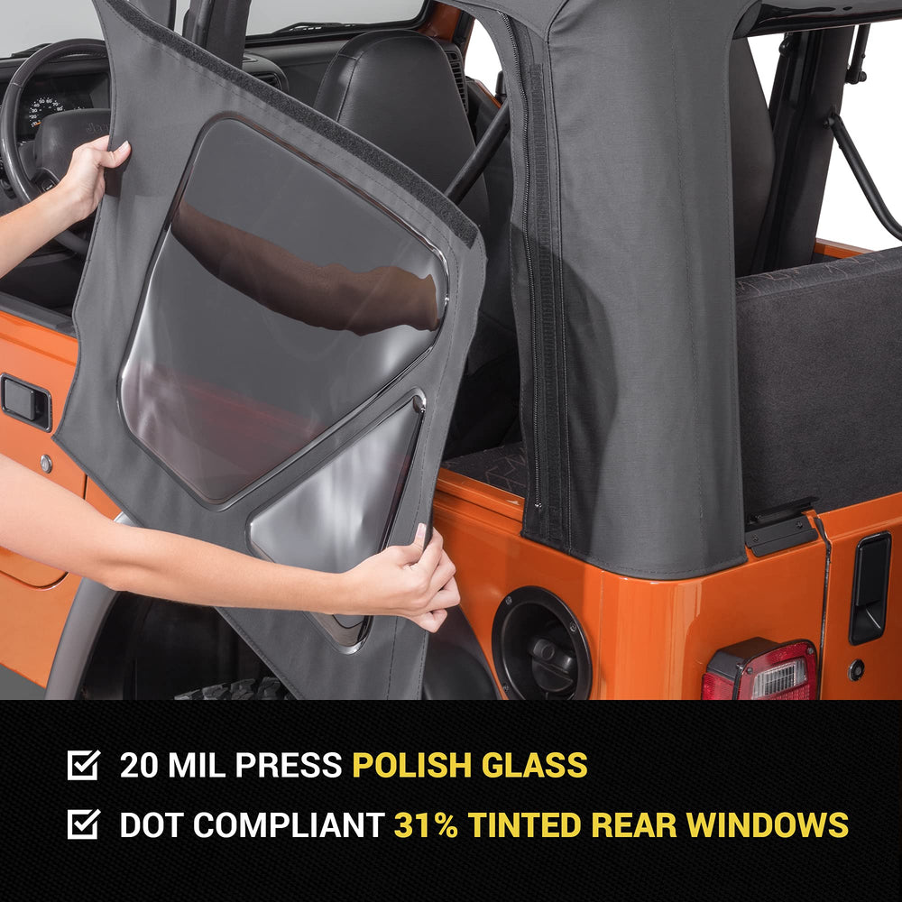 TACTIK fabric soft top with side windows shows enhanced shade and security.