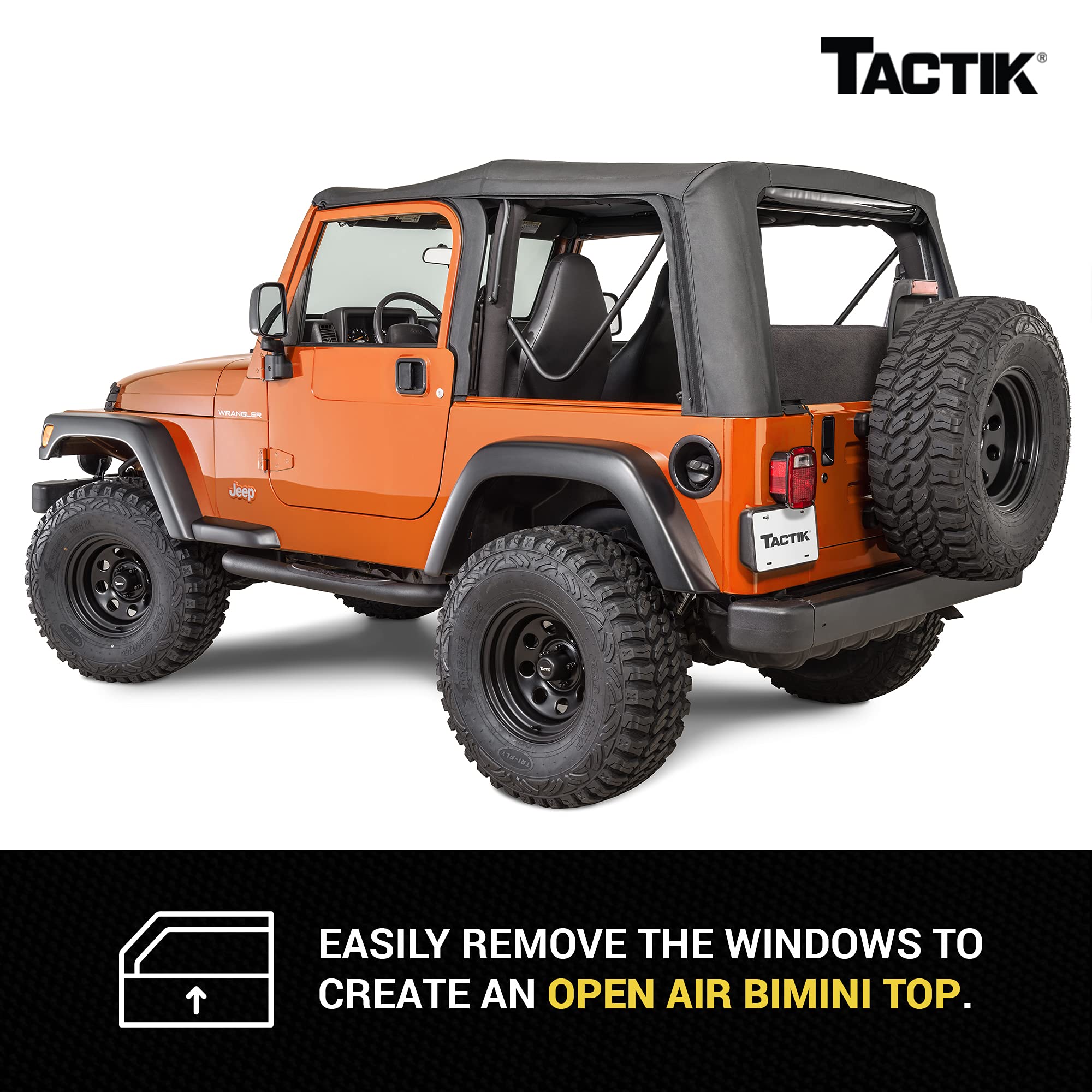 TACTIK soft top fits over OEM hardware and bow system for TJ