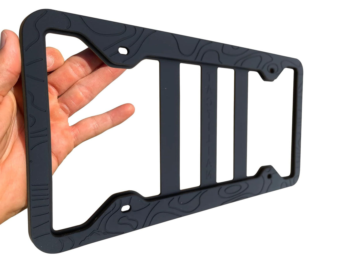 TACTILIAN Topo embossed license frame front view shows durable silicone protection
