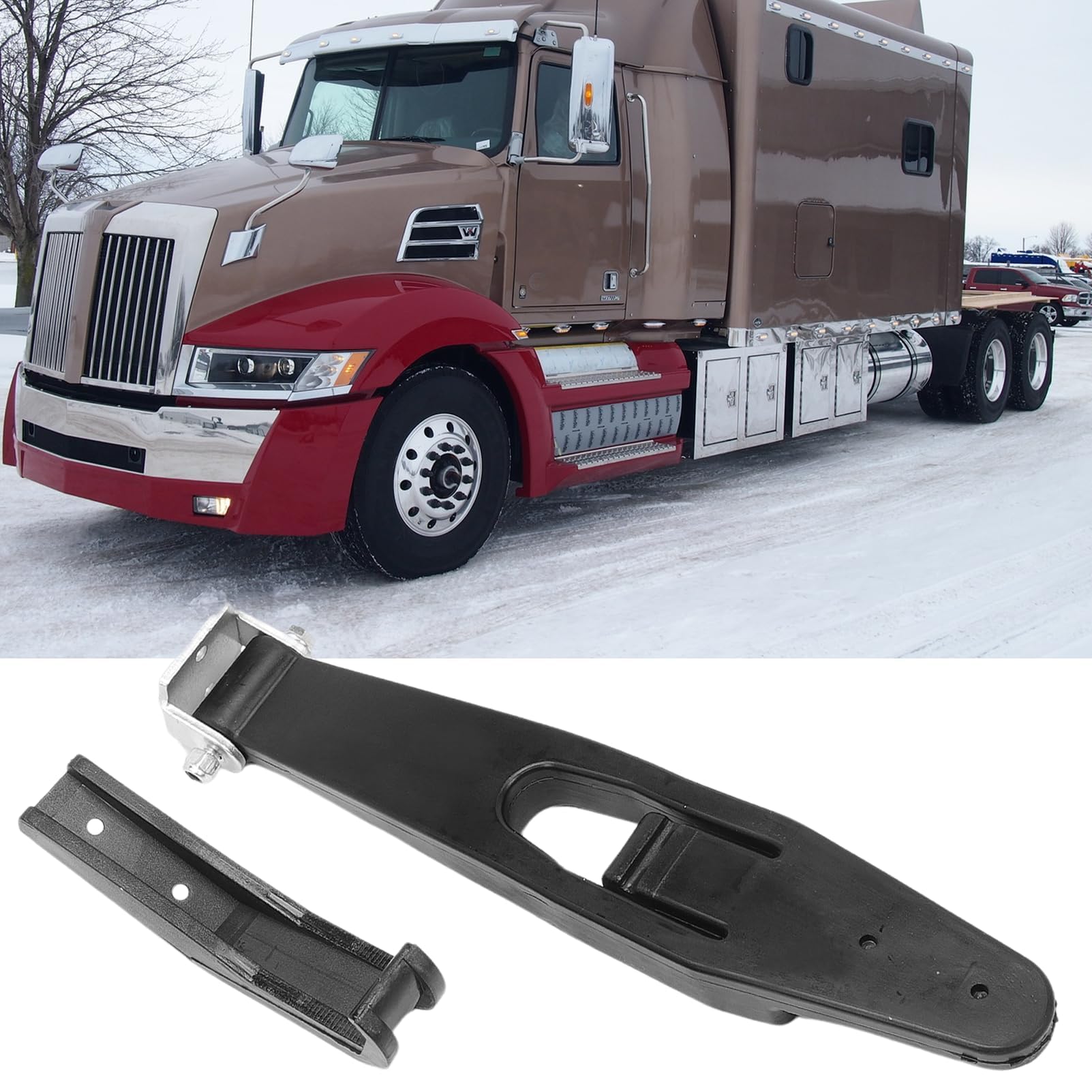 Taesayl hood latch kit side view demonstrates secure replacement for Freightliner and Western Star.