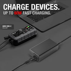 TAIFU 65W USB-C adapter back panel with safety features and universal input.