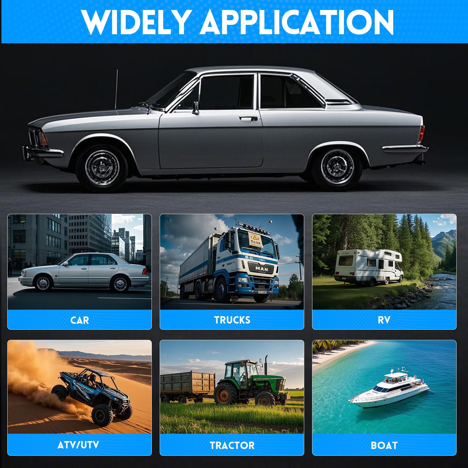 TAINECTC vehicle-compatibility graphic shows 12V/24V readiness