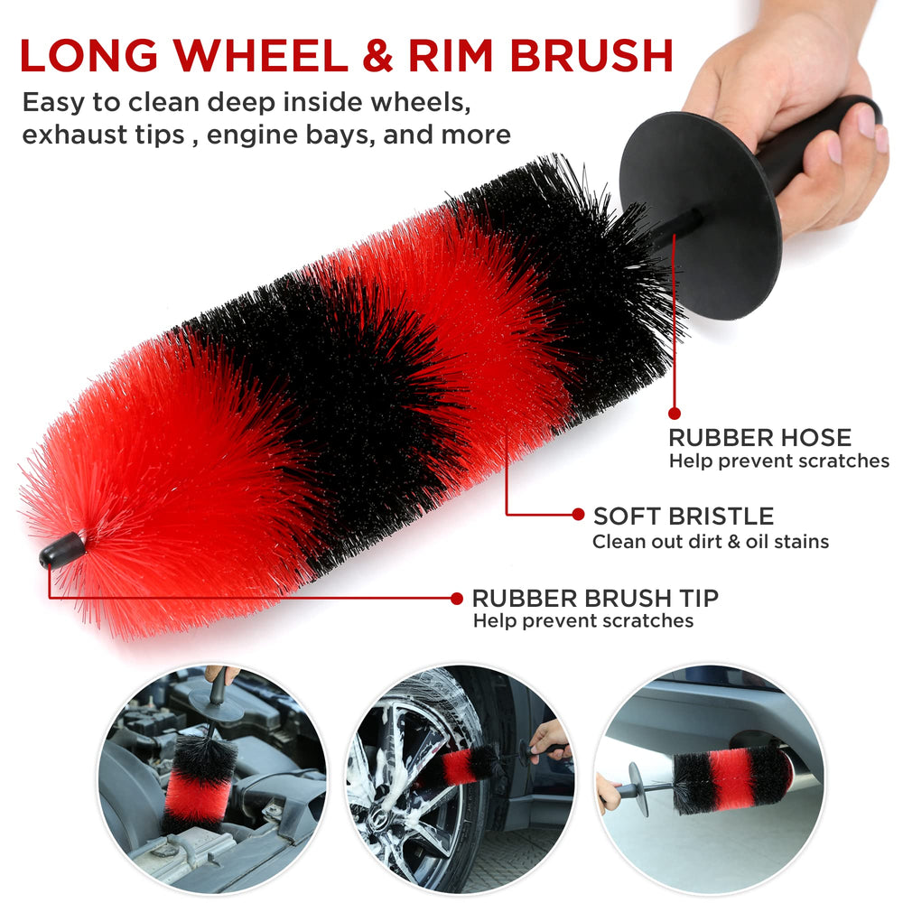 TAKAVU 17-inch wheel brush reaching deep into rims safely with soft bristles.
