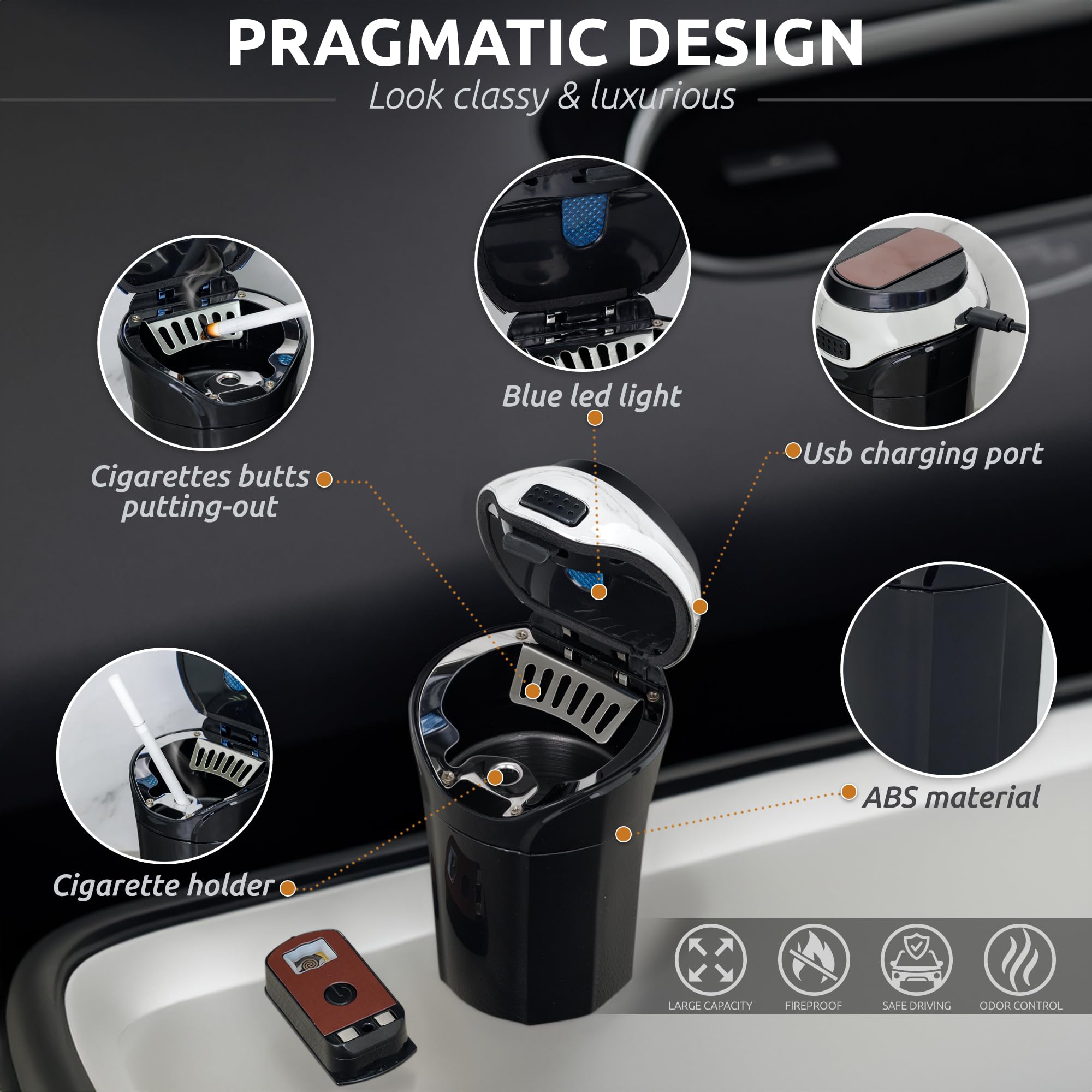 TAKAVU ashtray designed to fit most vehicle cup holders for versatile on-the-road use