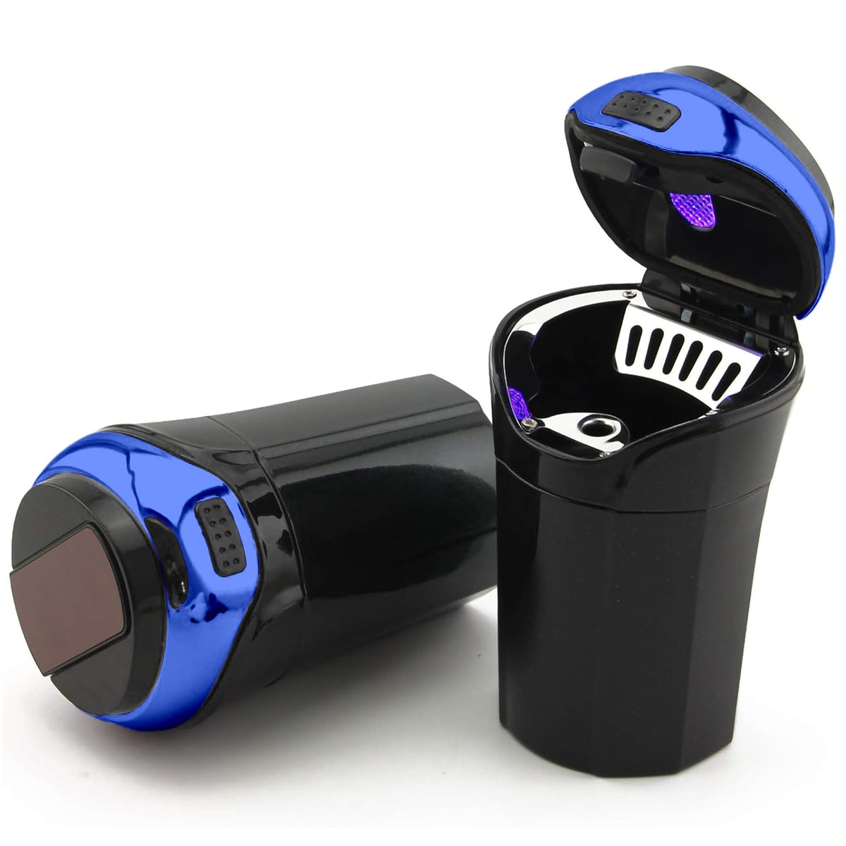 TAKAVU car ashtray with blue LED light for easy night use and ash containment.