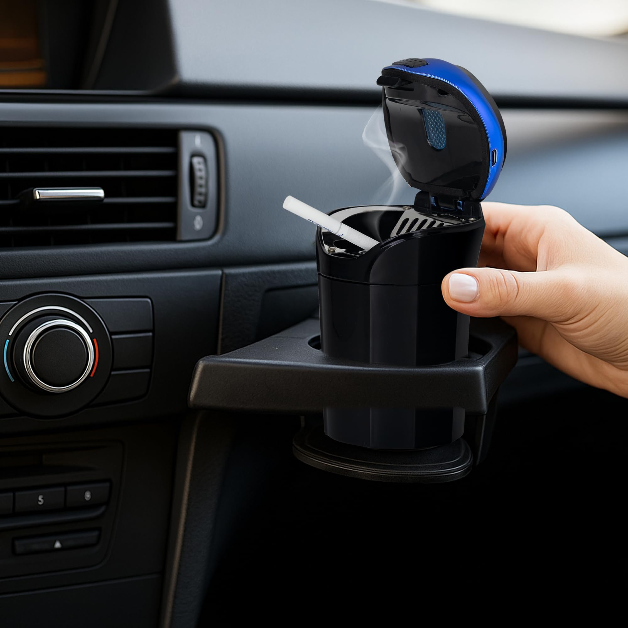 TAKAVU compact ashtray fits snugly in your cup holder on the go.