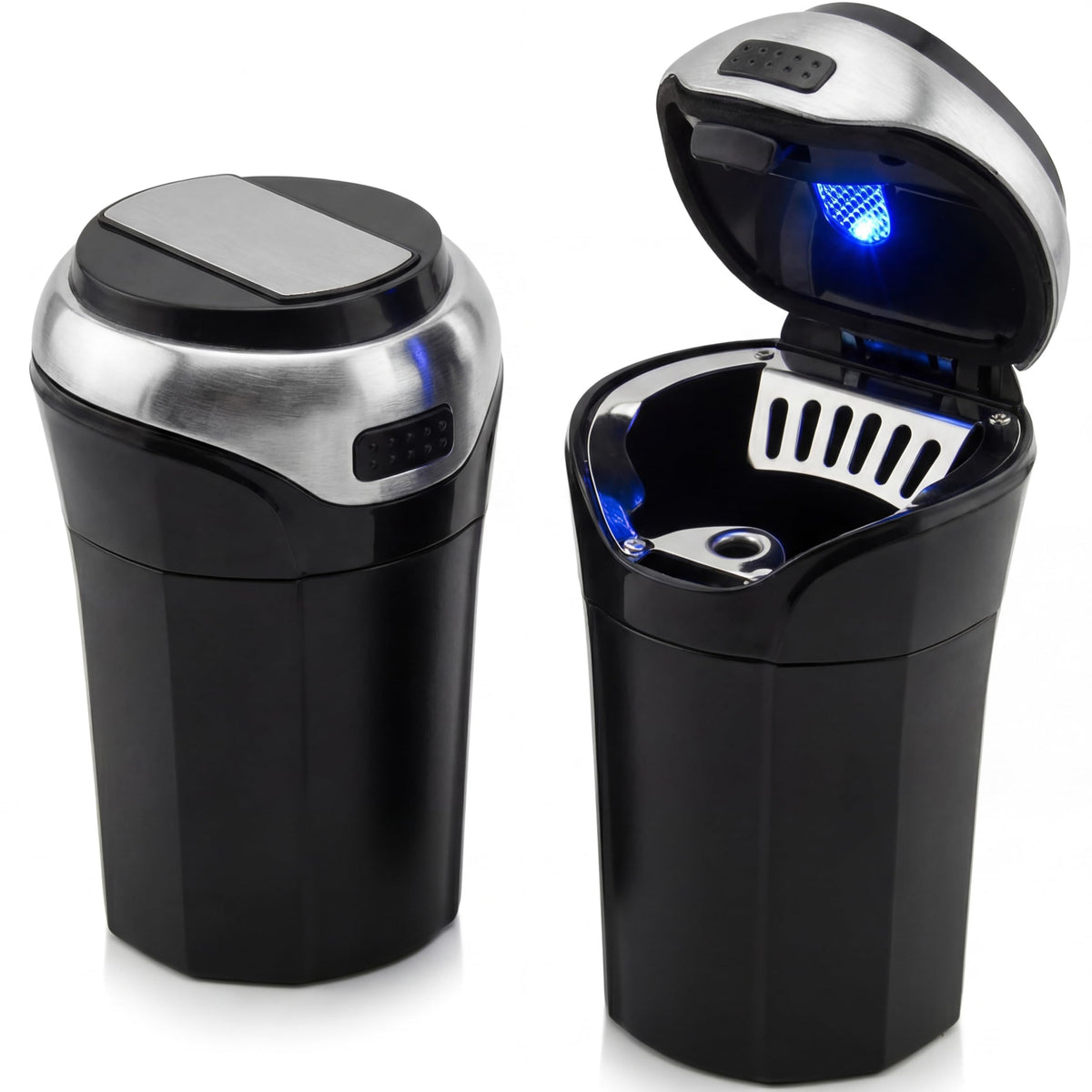 TAKAVU car ashtray with blue LED lid offering secure odor containment and sleek look