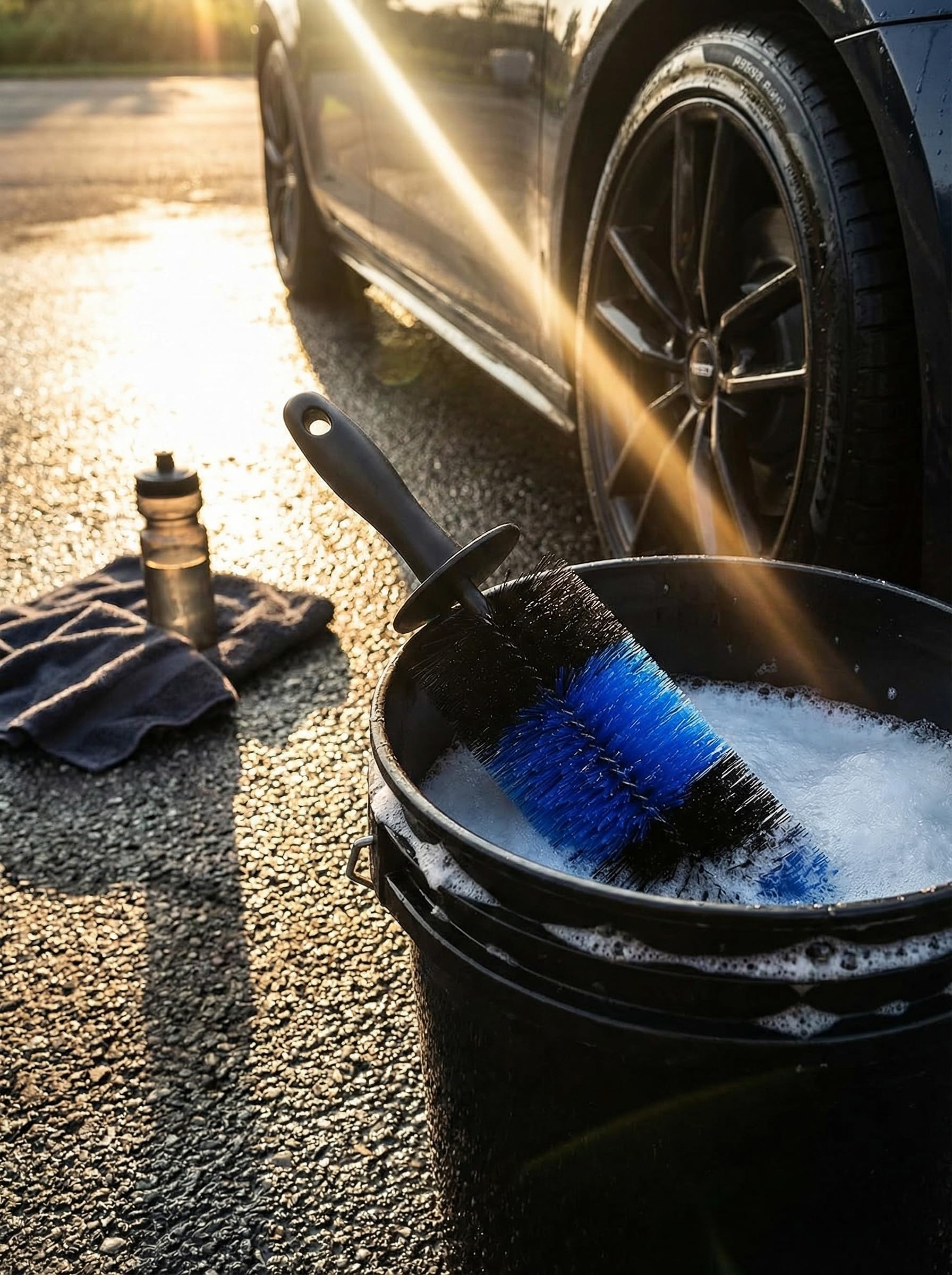 TAKAVU Master Wheel Brush in action removes brake dust from wheels.