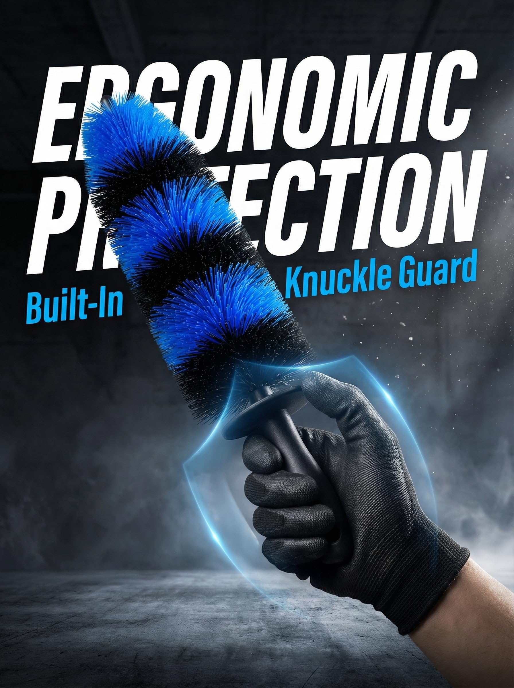 TAKAVU Master Wheel Brush knuckle guard protects your hand during scrubbing.