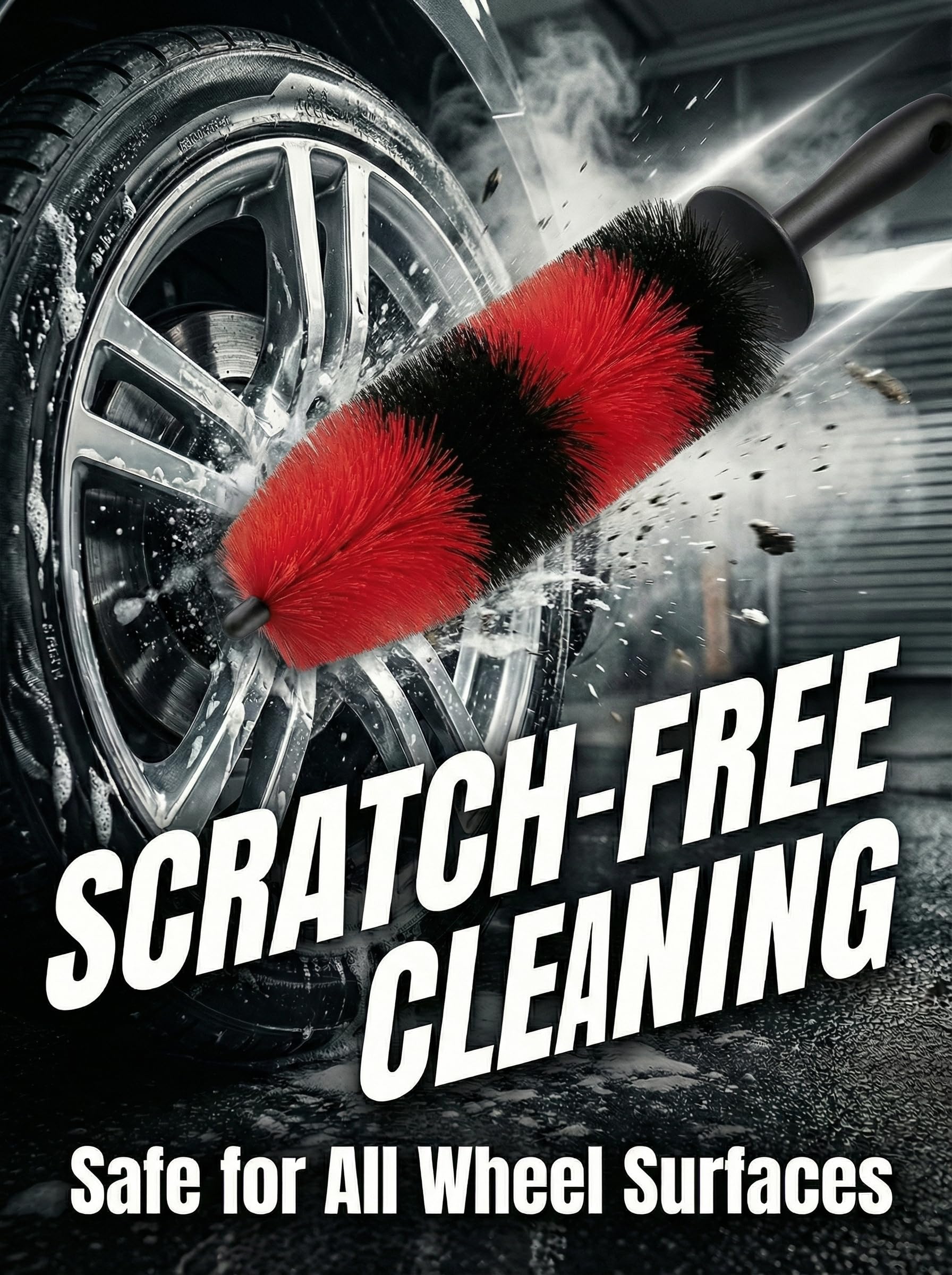 TAKAVU wheel brush reaching between spokes for hard-to-access areas.