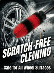 TAKAVU wheel brush reaching between spokes for hard-to-access areas.