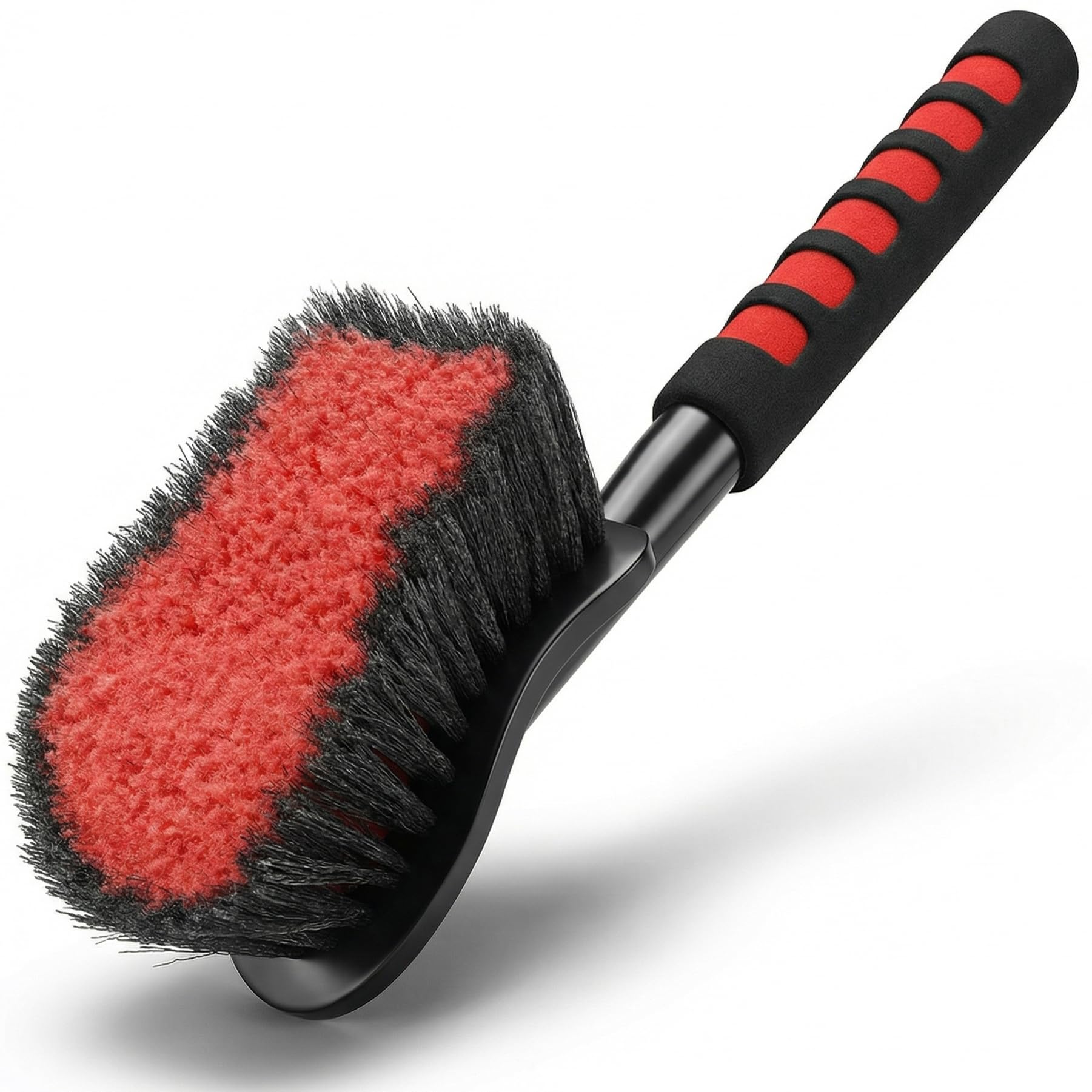 TAKAVU tire brush with 17.5-inch red soft bristles for safe tire sidewall cleaning.