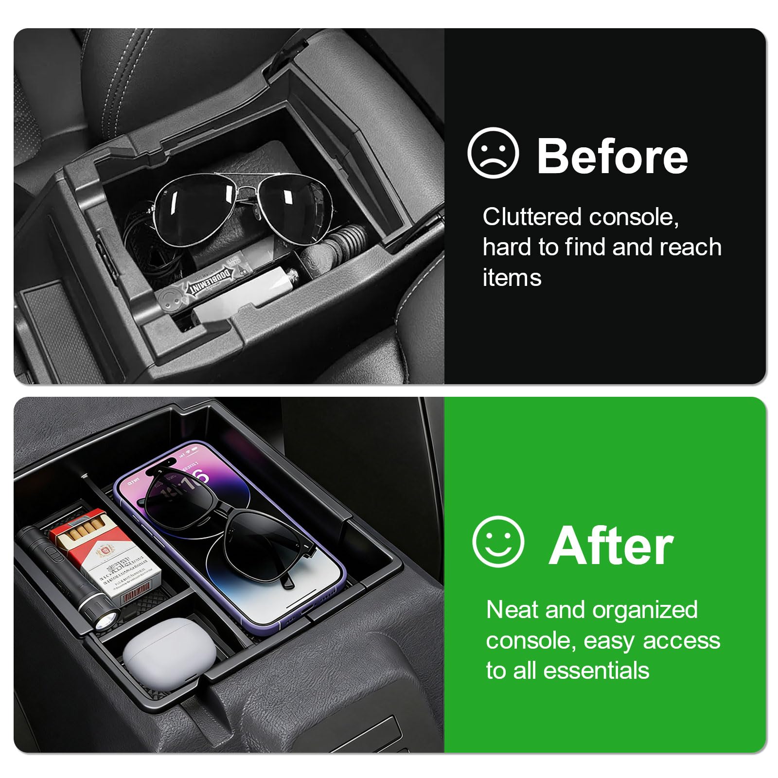 Takeyman center console with removable liners minimizes items shifting.