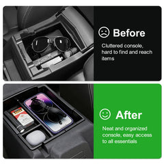 Takeyman center console with removable liners minimizes items shifting.