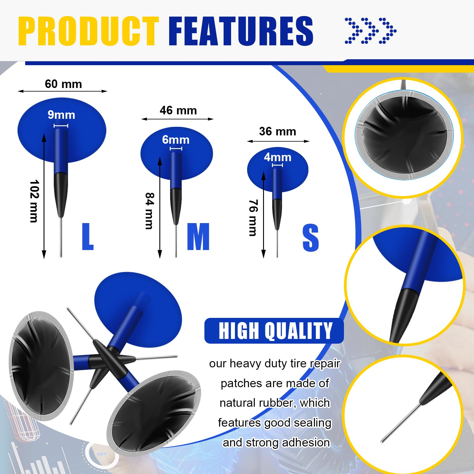 Tallew tire patch plugs in 60, 46, and 36 mm for quick fixes