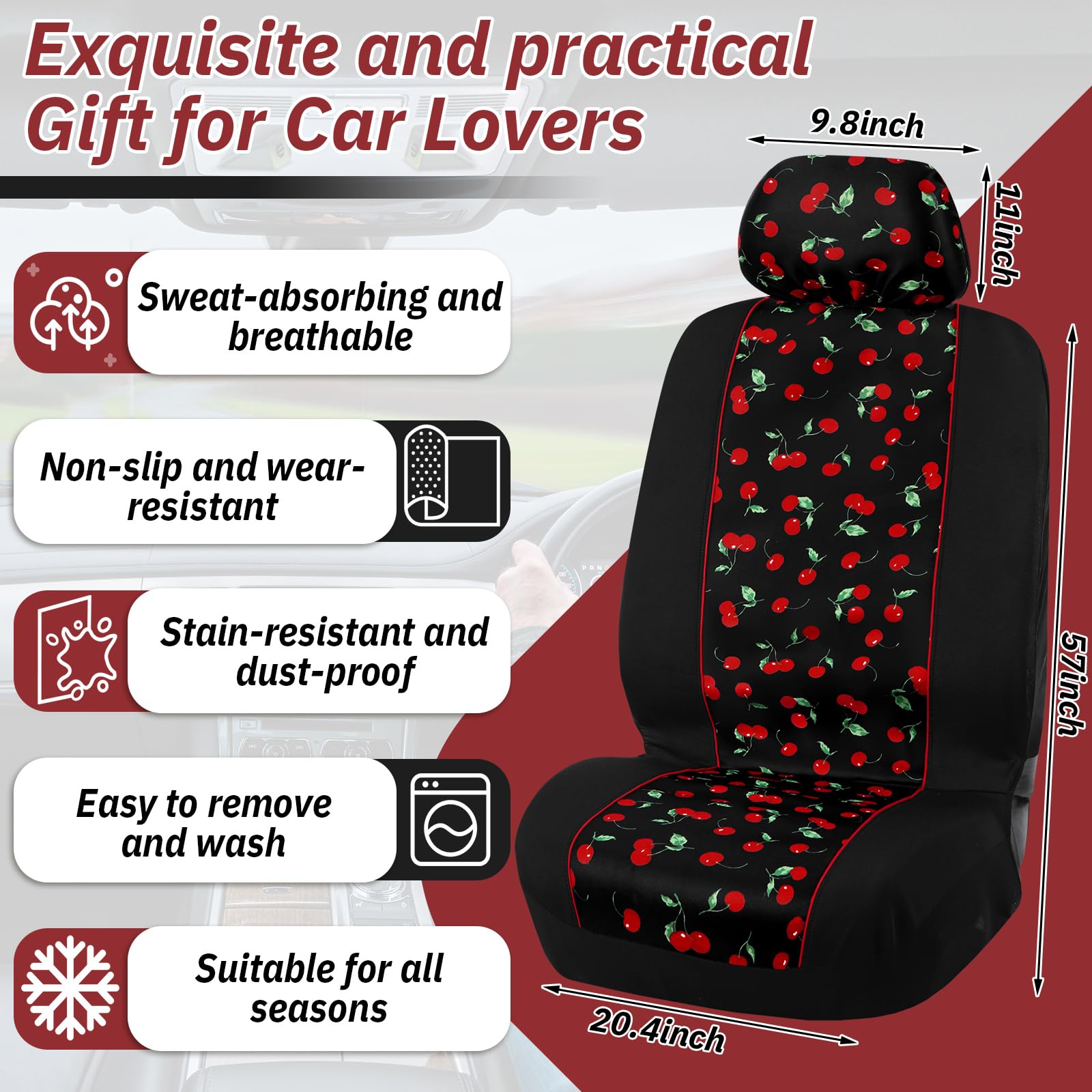 Tallew cherry headrest covers add coordinated look and seat protection.