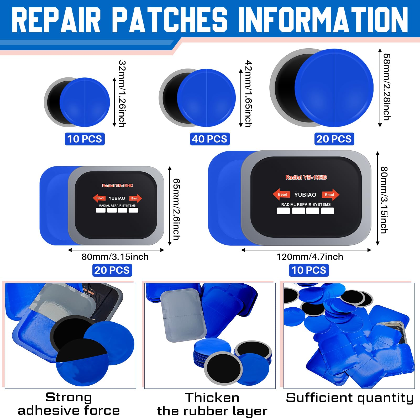 Five sizes shown for flexible puncture repairs on the go.