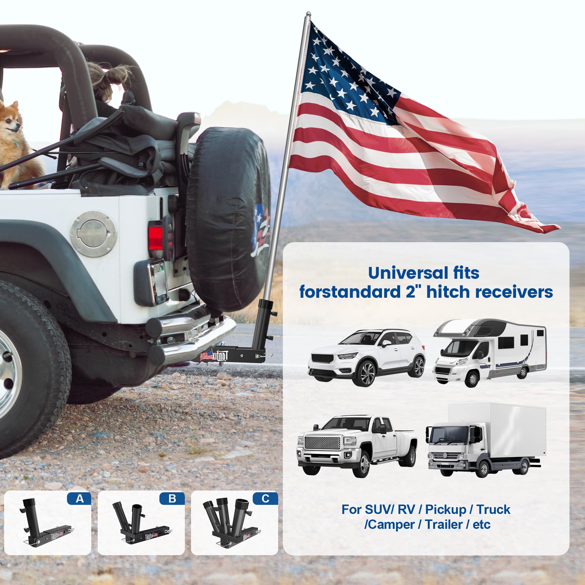 Tanfix flagpole holder in use on a trailer hitch during a road trip.