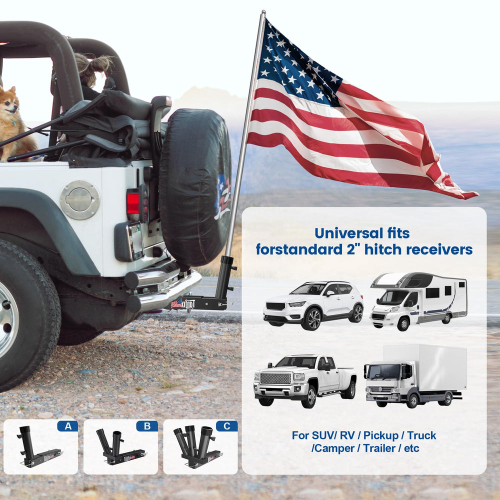 Tanfix flagpole holder in use on a trailer hitch during a road trip.
