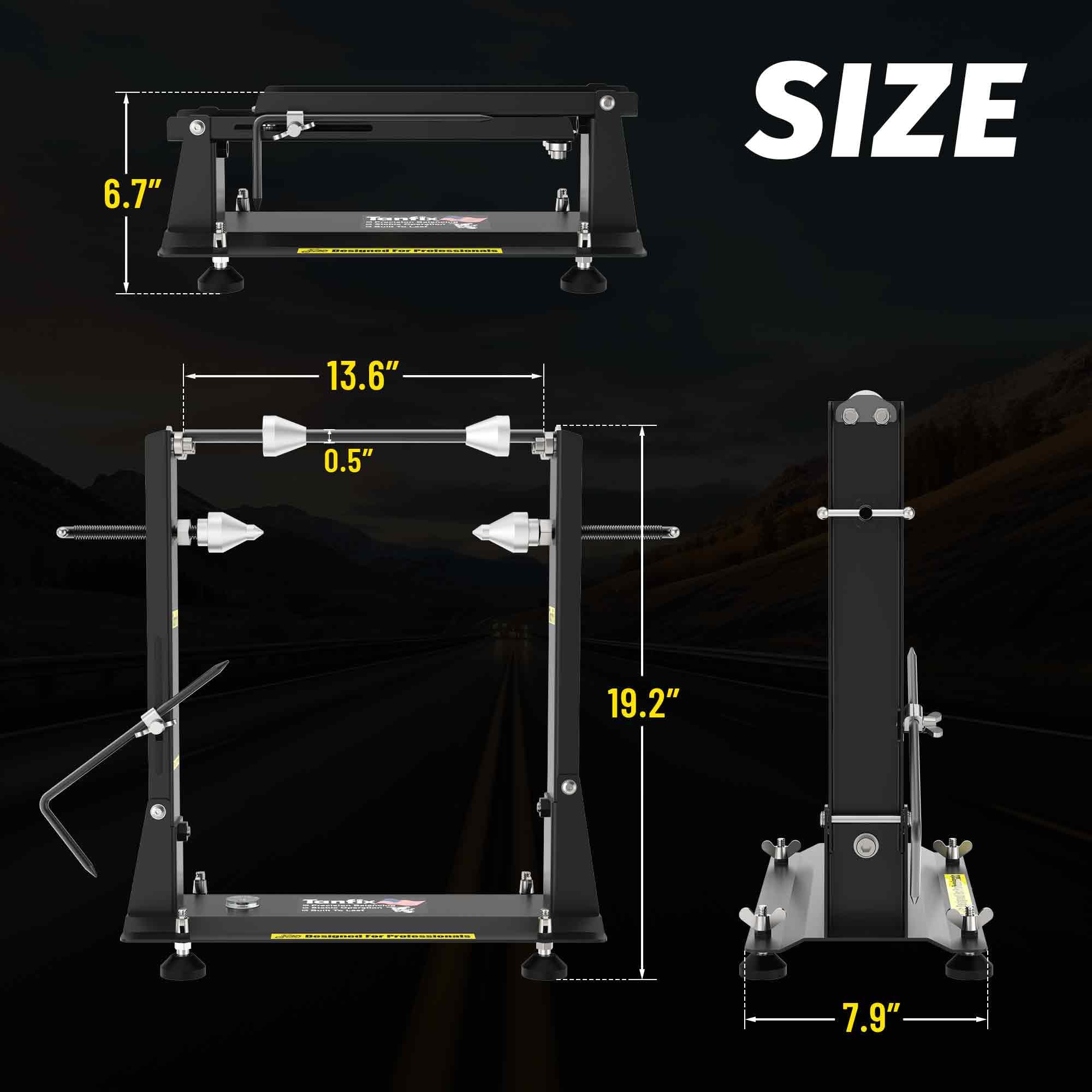 Tanfix heavy-duty stand base emphasizes stability during balancing.