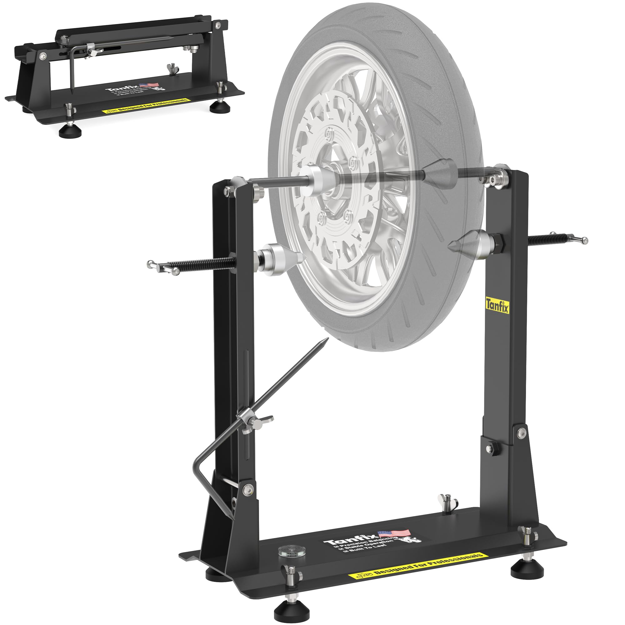 Tanfix wheel balance stand front view for precise motorcycle balancing.