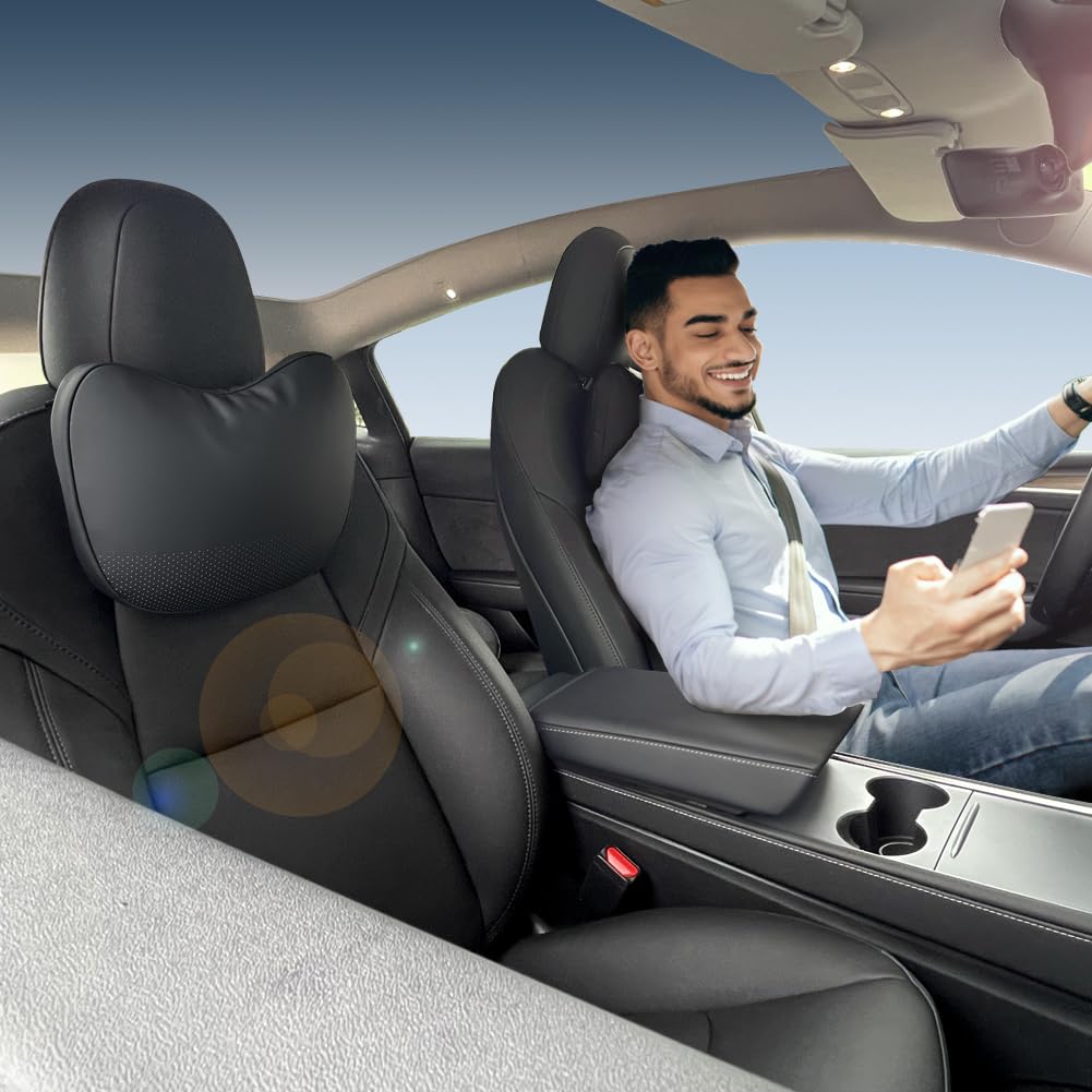 TANOLA TESBEAUTY headrest front view in black with premium Nappa leather for Tesla interior