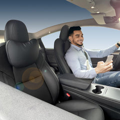 TANOLA TESBEAUTY headrest front view in black with premium Nappa leather for Tesla interior