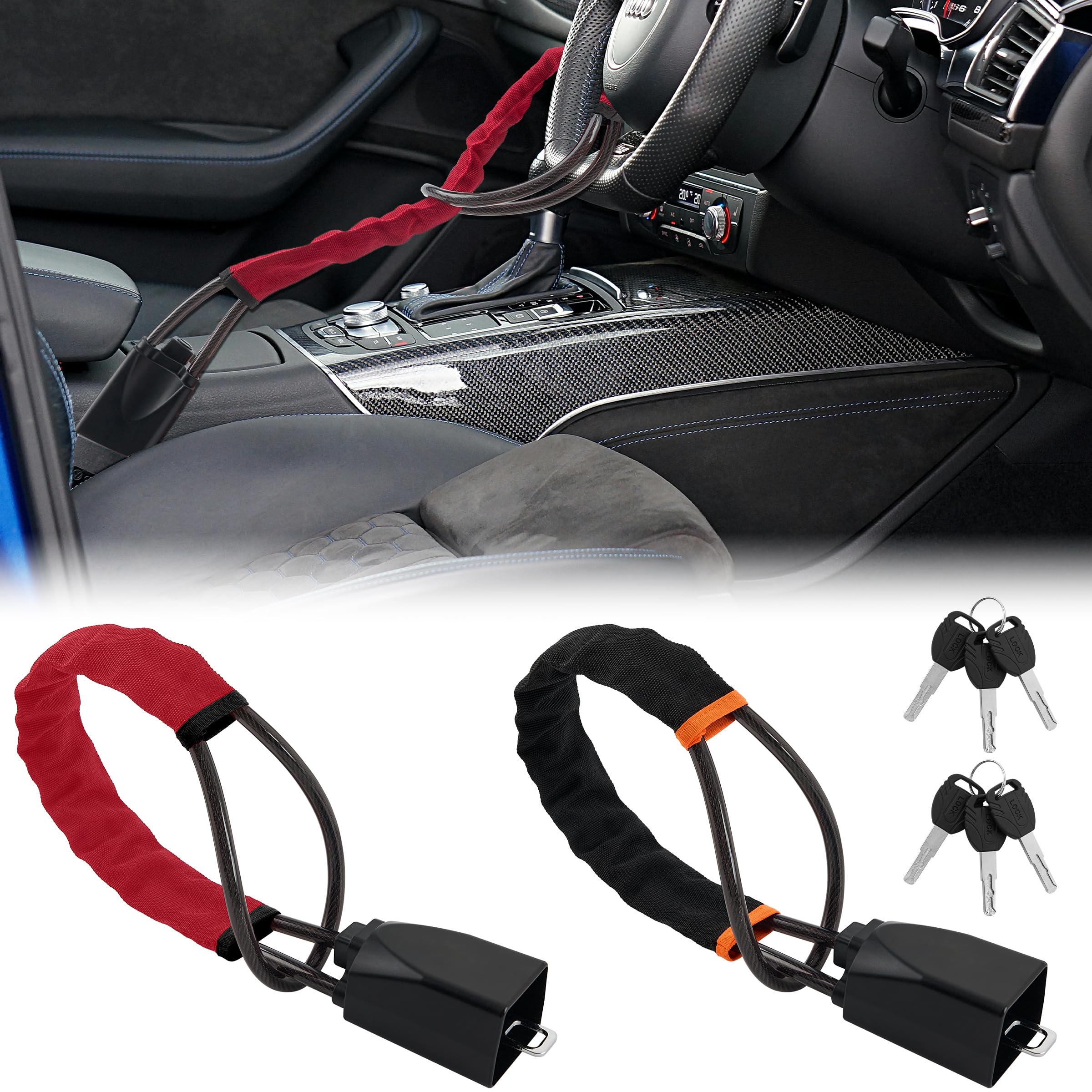 TaShow steering lock 2-pack installed on a wheel for immediate security deterrence.