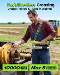 TaskStar cordless grease gun with long 40-inch hose for hard-to-reach fittings.