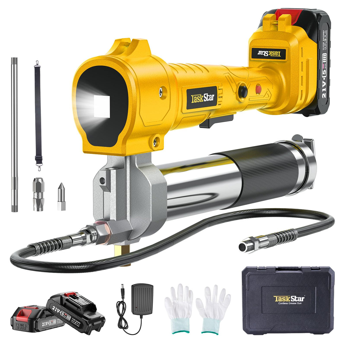 TaskStar cordless electric grease gun ready for heavy equipment maintenance