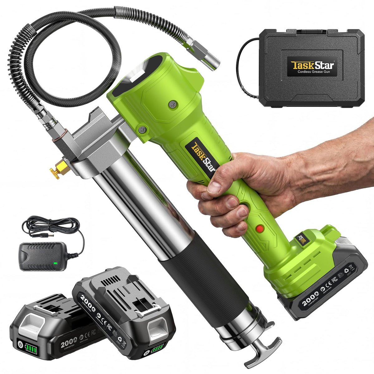 TaskStar grease gun with lock-on trigger enables continuous lubrication on tractors.
