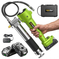 TaskStar grease gun with lock-on trigger enables continuous lubrication on tractors.