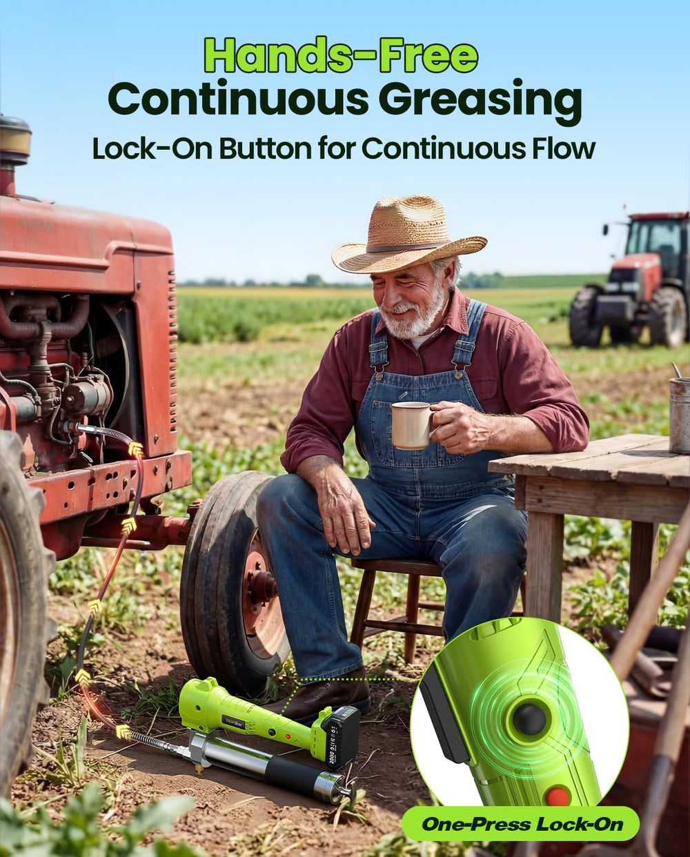 TaskStar grease gun LED light illuminates fittings for precise greasing.