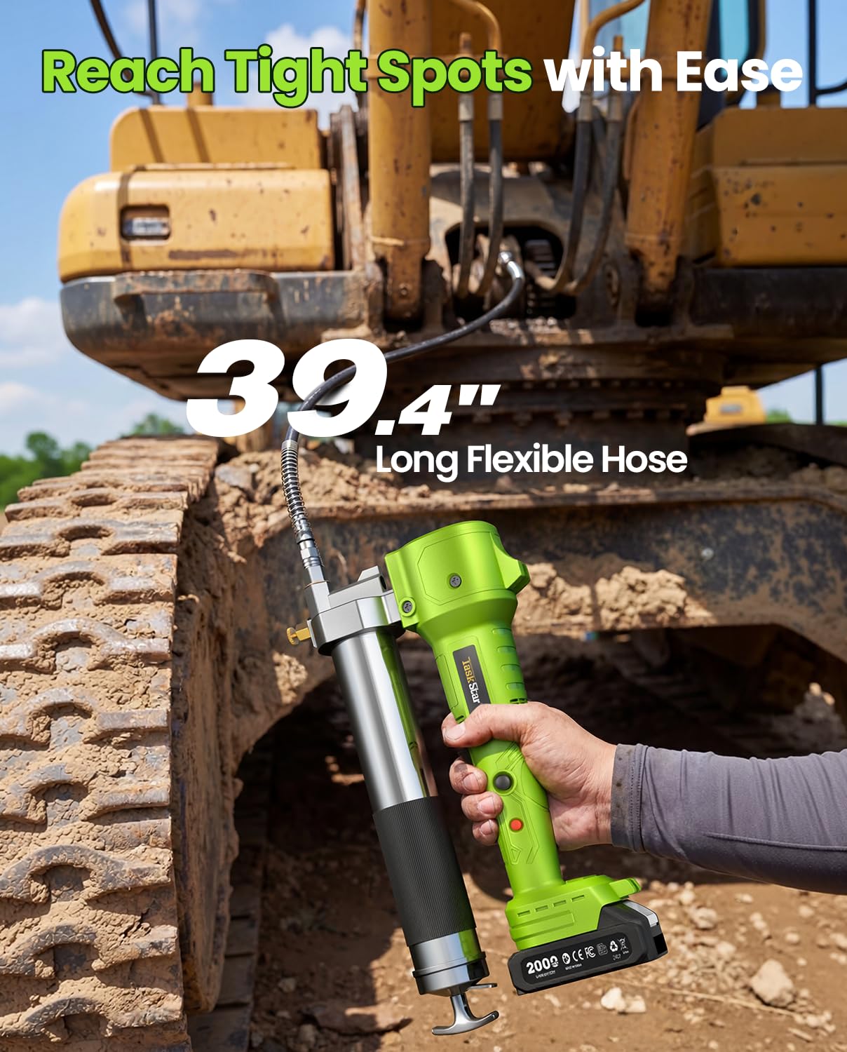TaskStar grease gun designed for tractor and truck maintenance.