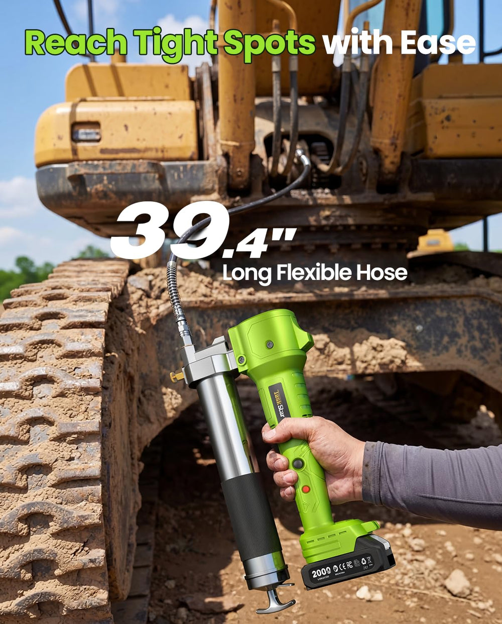 TaskStar grease gun designed for tractor and truck maintenance.