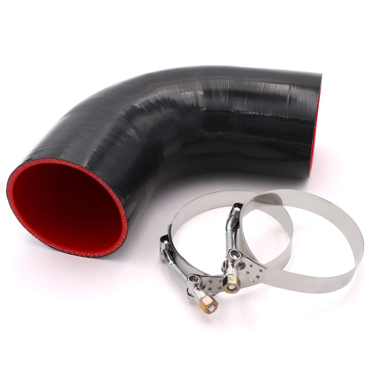 Taukealugs 90-degree elbow coupler for turbo piping with durable 4-ply construction.