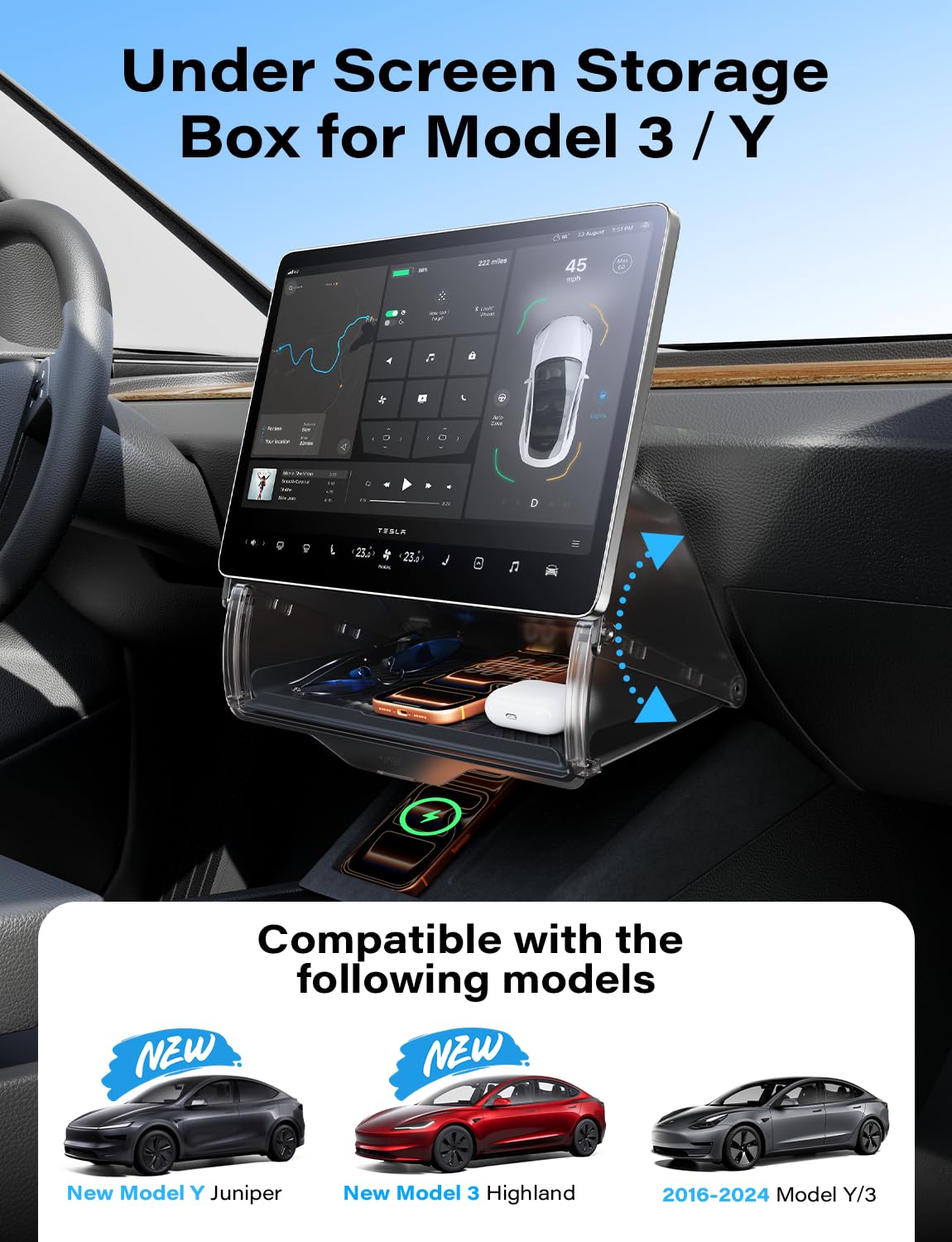 TAZENI under screen storage closed state for Model Y discreet storage