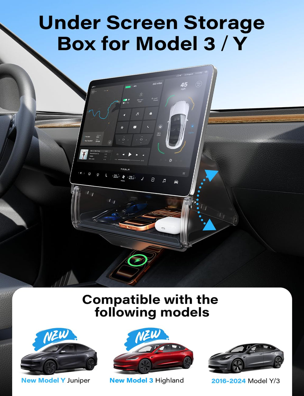 TAZENI under screen storage closed state for Model Y discreet storage