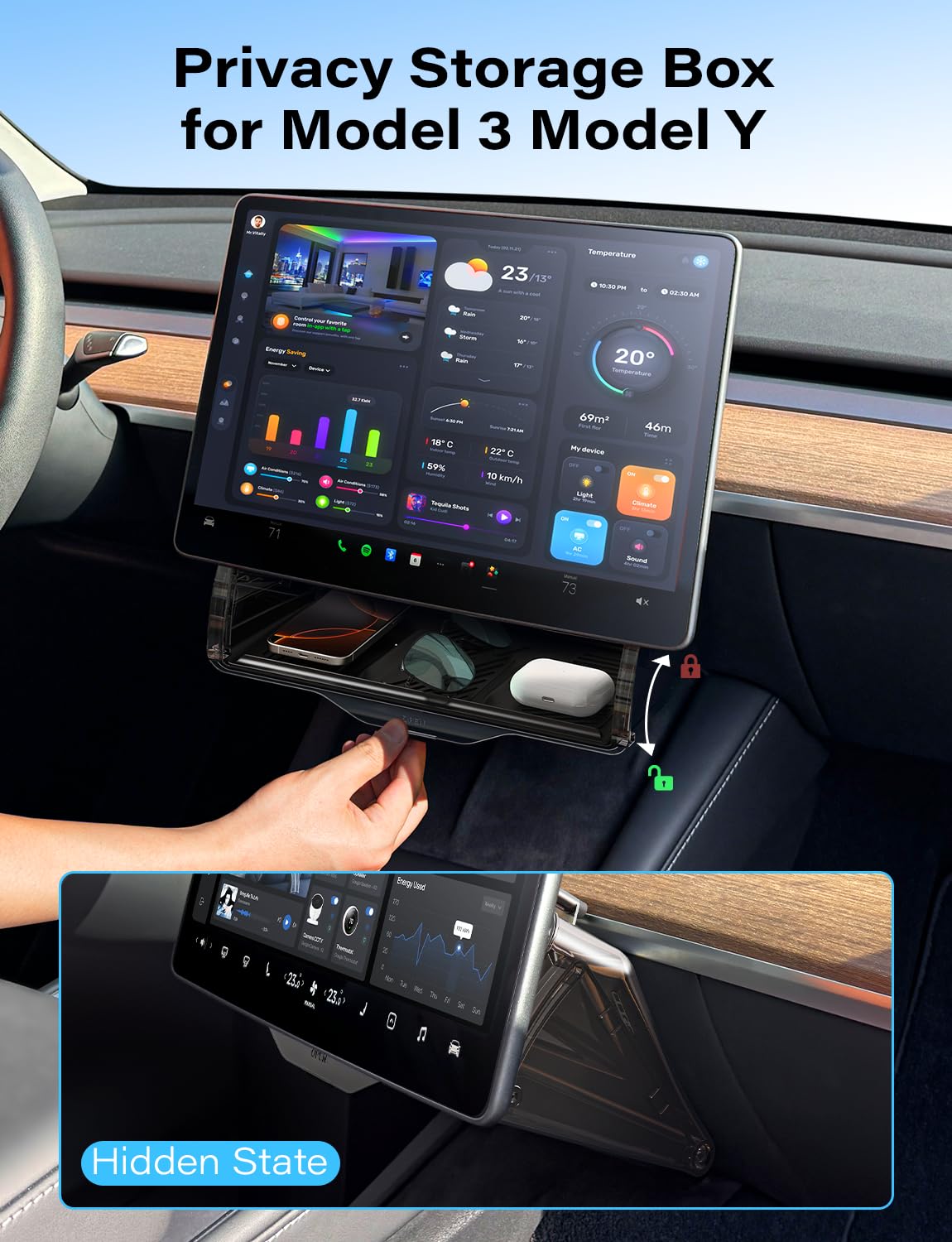 TAZENI magnetic two-state mechanism for Model Y under screen storage