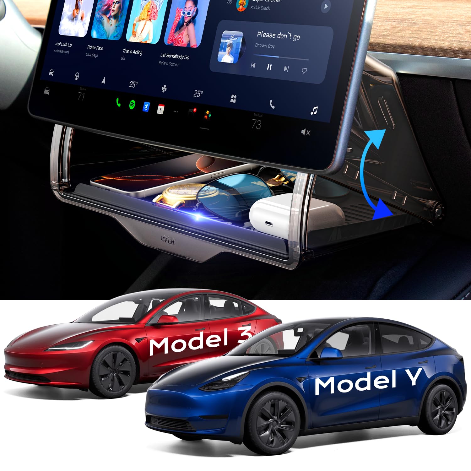 TAZENI under screen storage open state for Model Y shows easy reach