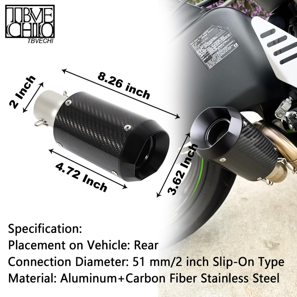 TBVECHI carbon fiber muffler 2-inch inlet diameter detail for versatile fitting.