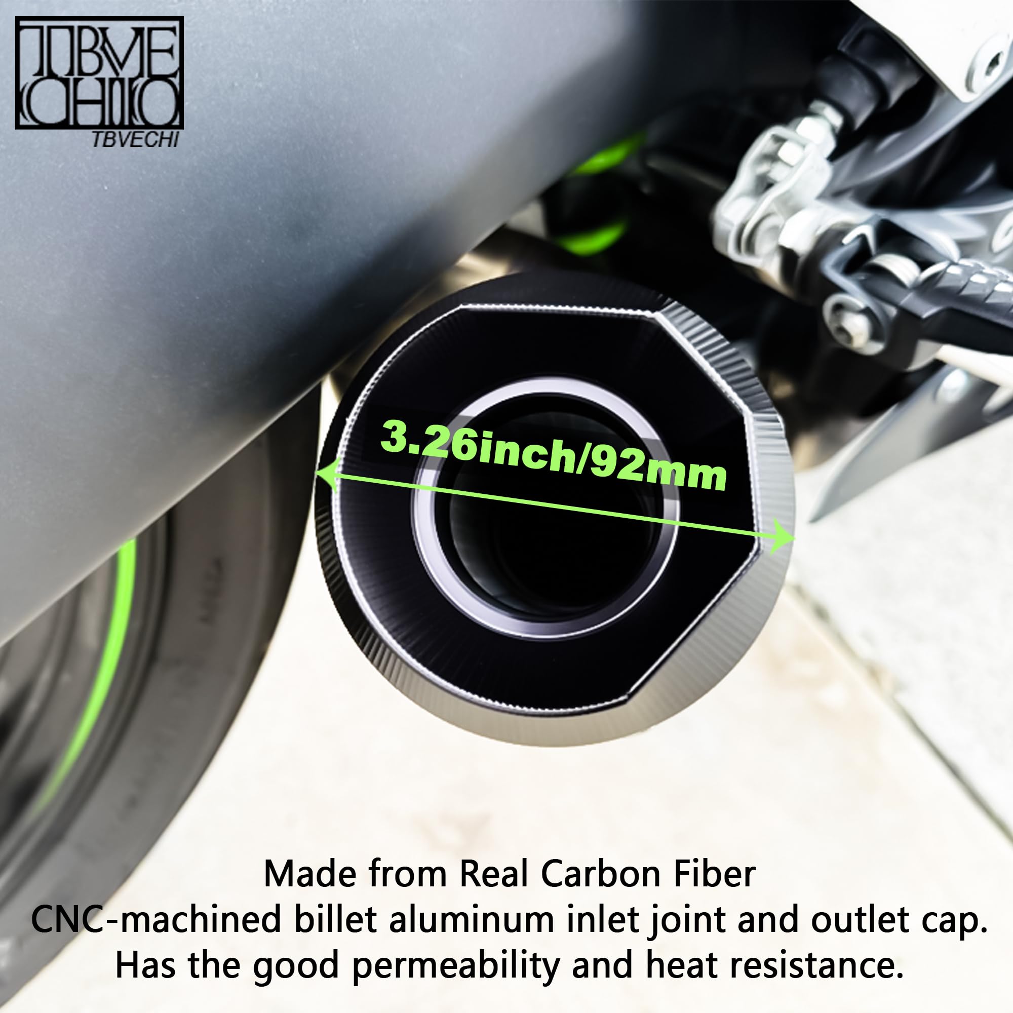 TBVECHI carbon fiber muffler heat resistant surface suggests high-temp durability.