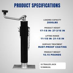TCE ATR39003U pipe-mount swivel jack showing height adjustment range
