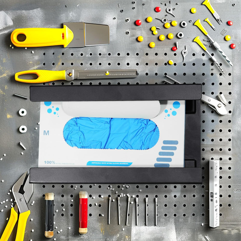Tcevily holder stores towels and tissue near gloves for convenience